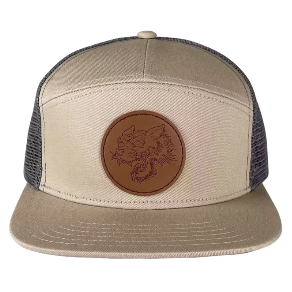 Engraved Leather Patch Hat 7 Panel Gorras Breathable Mesh Adjustable Plastic Single Row Buckle Snapback Flat Brim Wholesale OEM 5