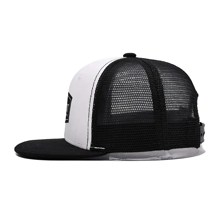 Flat Brim 2 Eyelets Mesh Cap Trucker Cap Trendy Stylish Adjustable Snapback Hat Mesh Back for Men Women in Vietnam Factory 3