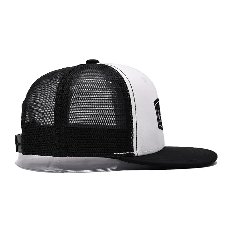 Flat Brim 2 Eyelets Mesh Cap Trucker Cap Trendy Stylish Adjustable Snapback Hat Mesh Back for Men Women in Vietnam Factory 4