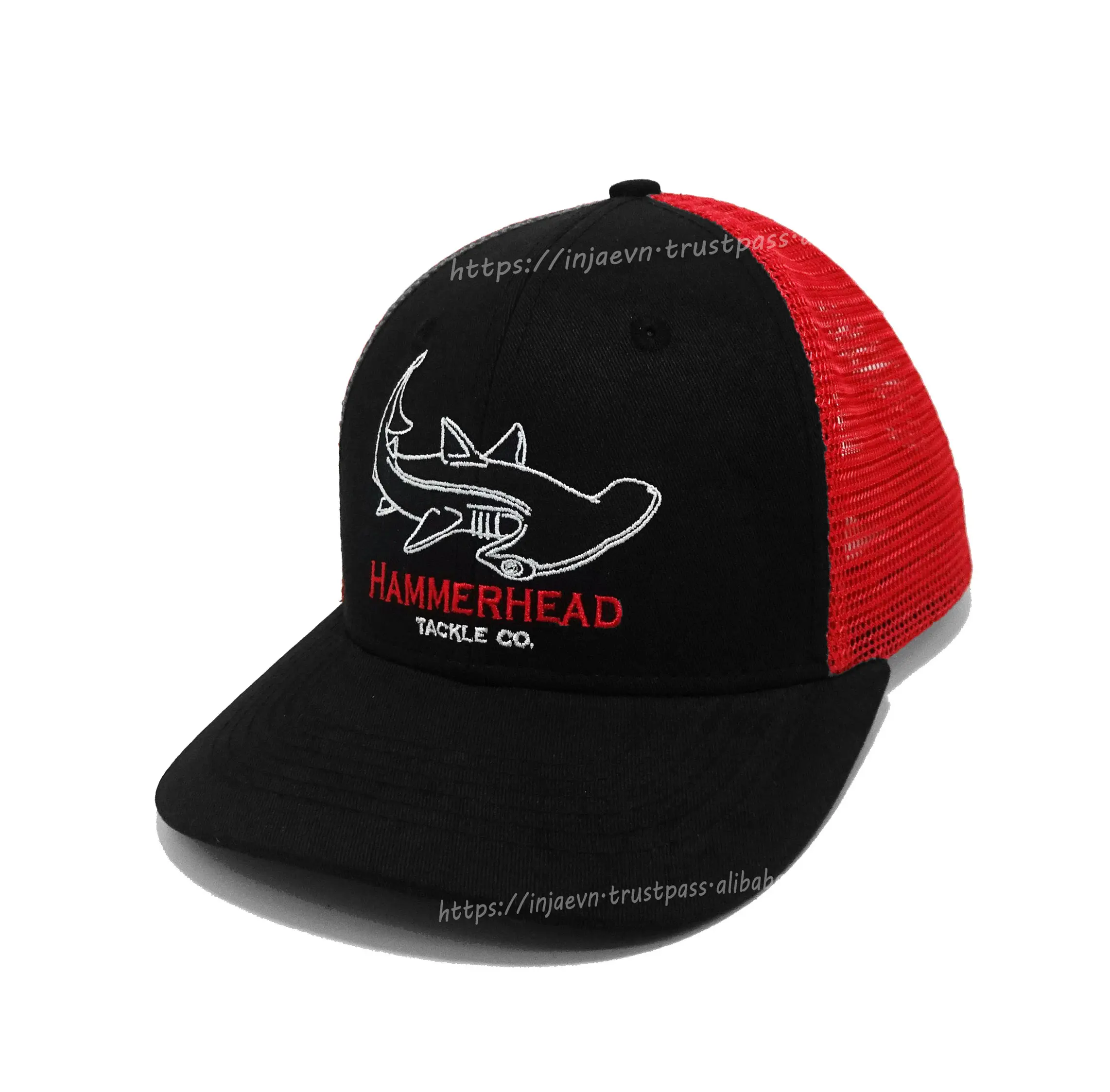 Flat Brim 2D Embroidery 6-Panel High Quality Black/ Red Color Medium Profile Trucker Hat for Men From Vietnam Supplier 1