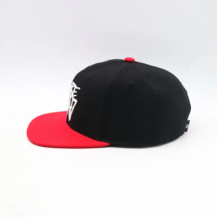 Flat Brim 3D Embroidery Custom Logo 6-Panel High Quality Black Red Color Medium Profile Cotton Sports Cap Snapback Cap 2
