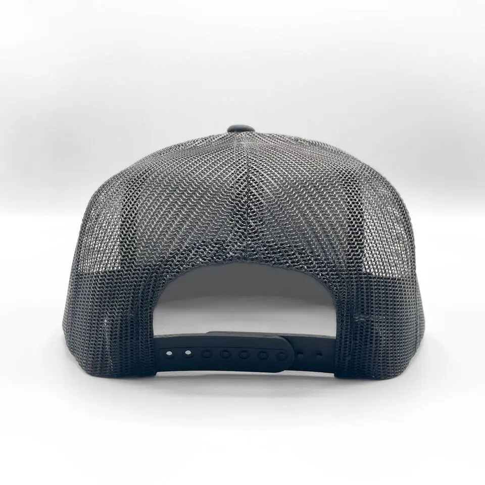 Flat Cap High Quality Wholesale Promotional Trucker Hat Custom Logo Black Color 5 Panels Mesh Back Plastic Buckle Trucker Hat 6