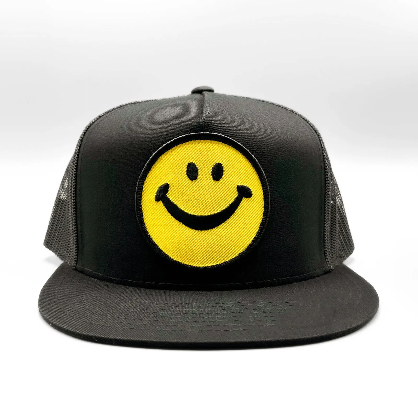 Flat Cap High Quality Wholesale Promotional Trucker Hat Custom Logo Black Color 5 Panels Mesh Back Plastic Buckle Trucker Hat 1