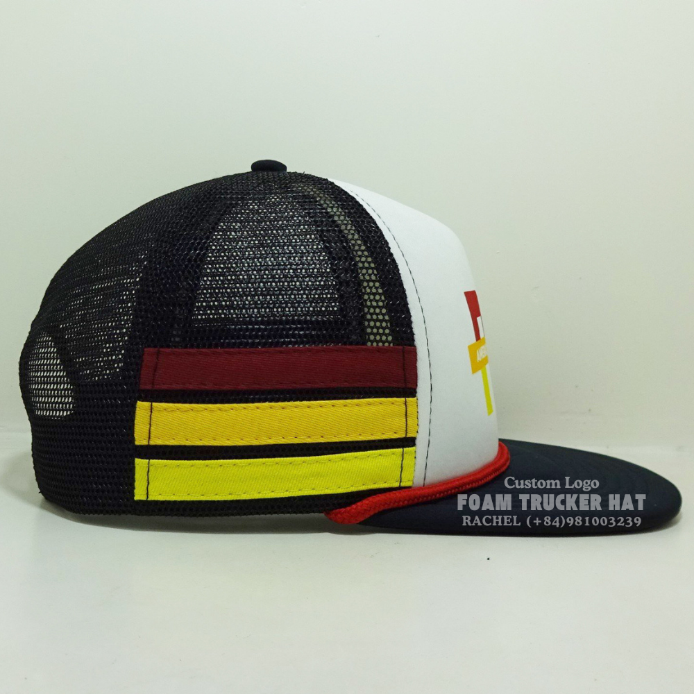 Foam Mesh Hats 5 Panel Gorras High Quality Cotton Printed Logo With Ropes Flat Brim Private Inner Tapes Side Stripe Vietnam OEM 5