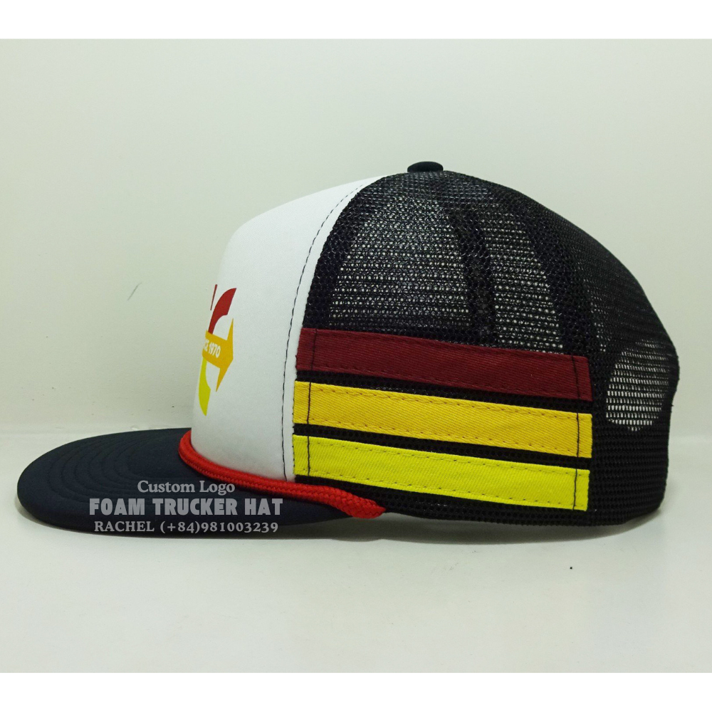 Foam Mesh Hats 5 Panel Gorras High Quality Cotton Printed Logo With Ropes Flat Brim Private Inner Tapes Side Stripe Vietnam OEM 4
