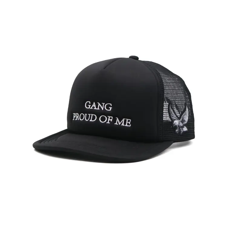 Foam Trucker Hat 5-Panel Curved Brim High Quality Black Color Medium Profile Cotton and Polyester Fabric Foam Trucker Hat 1