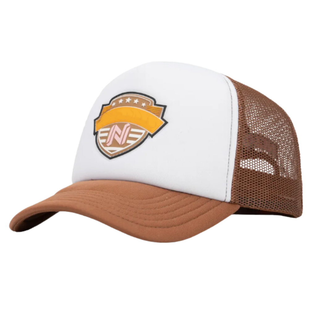 Foam Trucker Hat 5 Panel Printed/Rubber/PVC Logo Patches Embroidered Back Curved Custom Inner Tapes Snapback Closure Brown/White 3