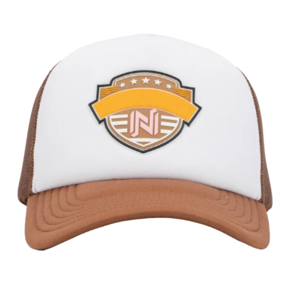 Foam Trucker Hat 5 Panel Printed/Rubber/PVC Logo Patches Embroidered Back Curved Custom Inner Tapes Snapback Closure Brown/White 2