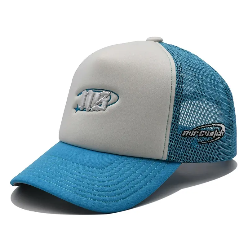 Foam Trucker Hat for Men and Women 5-Panel Curved Brim High Quality White/Blue Color Medium Profile Cotton/Polyester Fabric 2