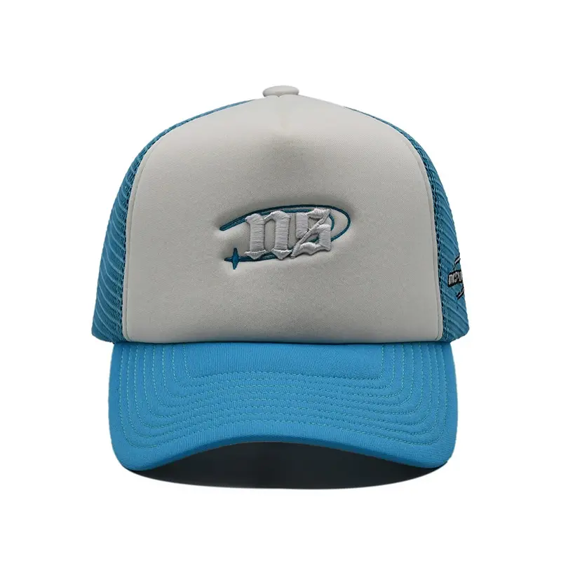 Foam Trucker Hat for Men and Women 5-Panel Curved Brim High Quality White/Blue Color Medium Profile Cotton/Polyester Fabric 1
