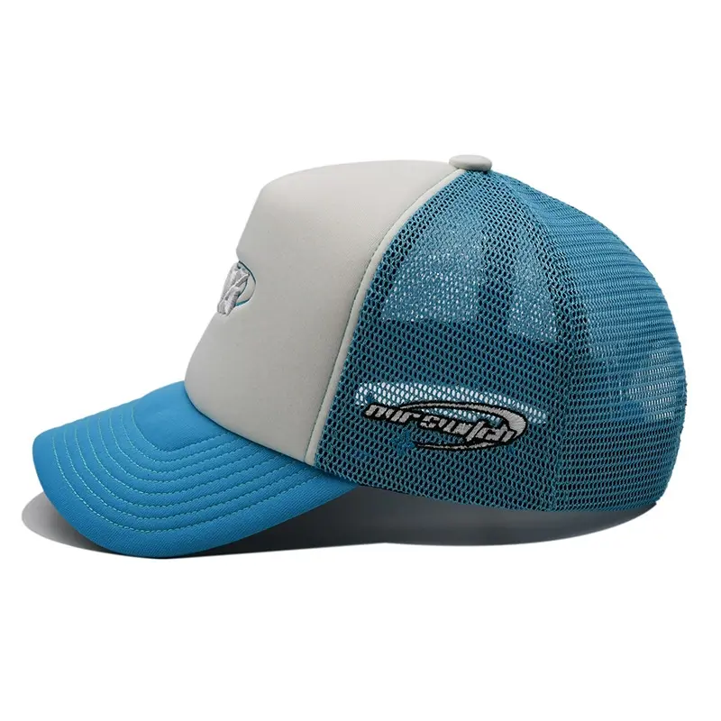 Foam Trucker Hat for Men and Women 5-Panel Curved Brim High Quality White/Blue Color Medium Profile Cotton/Polyester Fabric 4