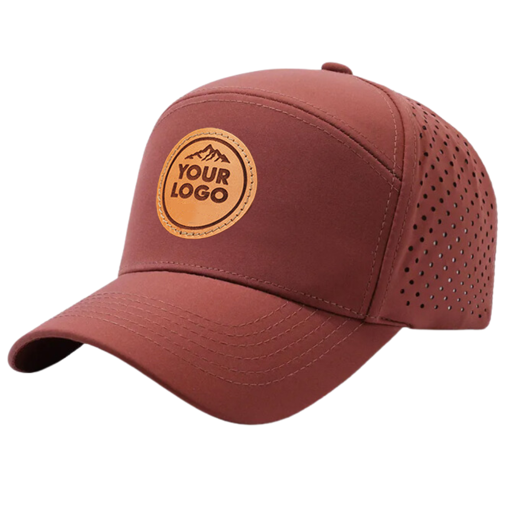 Gorras Baseball 6 Panel Laser Cut Hole Perforated Waterproof Leather Logo Patches Curved Brim Single Row Buckle Snapback OEM ODM 2