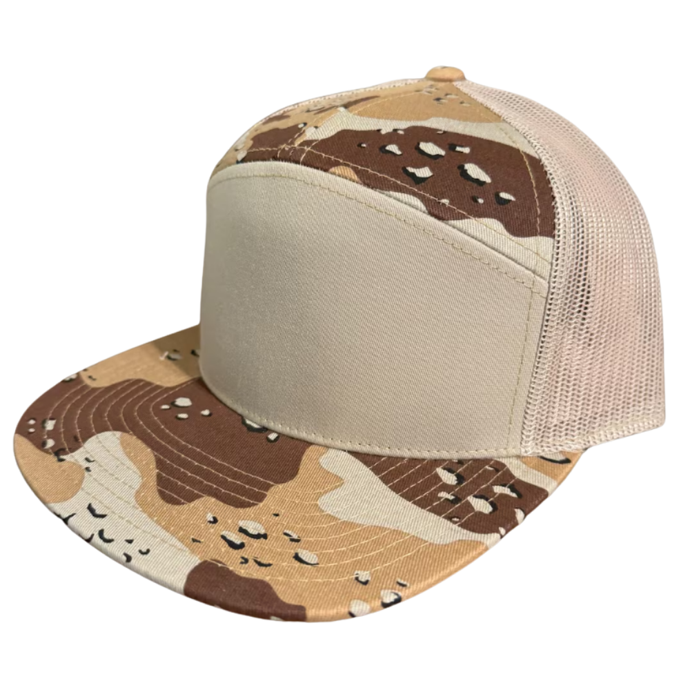 Gorras Camouflage 7 Panel Trucker Hats Leather Patch Hat Flat Brim Structured Cap Mesh Interior Tapes Plastic Snapback Closure 3