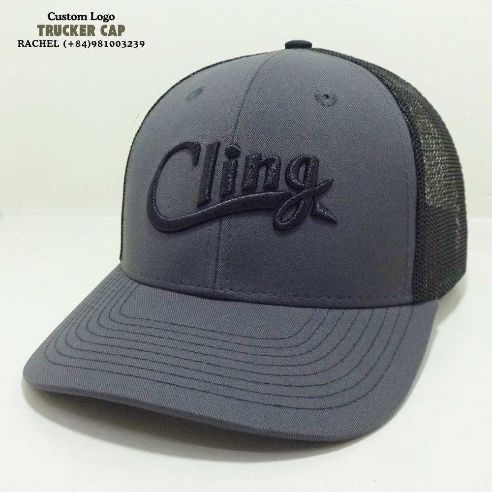 Gray/Black 3D Embroidered Trucker Hats 6 Panel R 112 Gorras Structured Caps Slightly Curved Brim Contrast Stitching For Brands 2