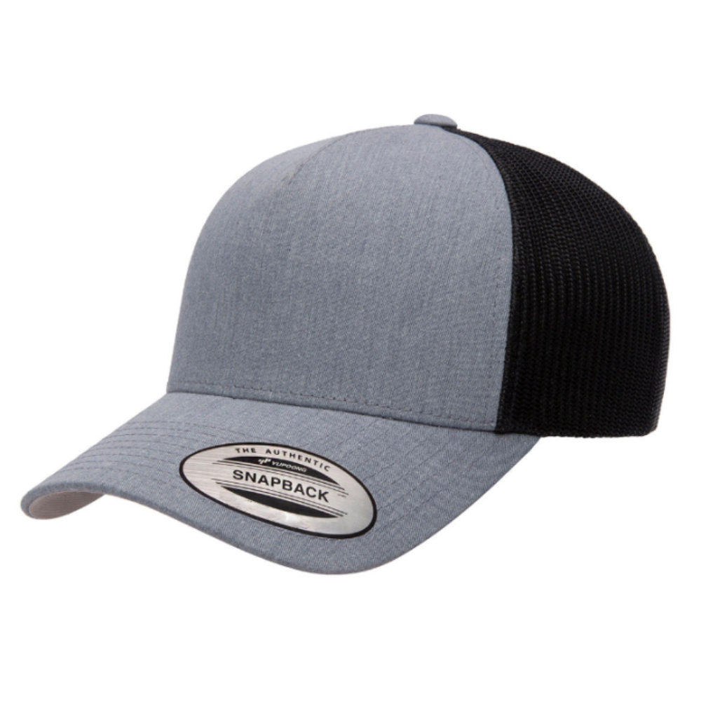 Gray/Black Y 6506 5 Panel Trucker Hat Leather Logo Patch on Front Side Retro Shape Mid Profile Single Row Buckle Snapback Unisex 2