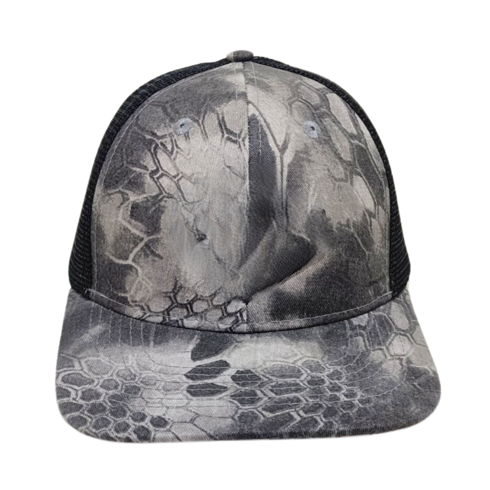Gray Camouflage Trucker Hats 6 Panel Structured CapsLeather Logo Patches Embroidery Curved Back Snapback  Closure Single Buckle 3