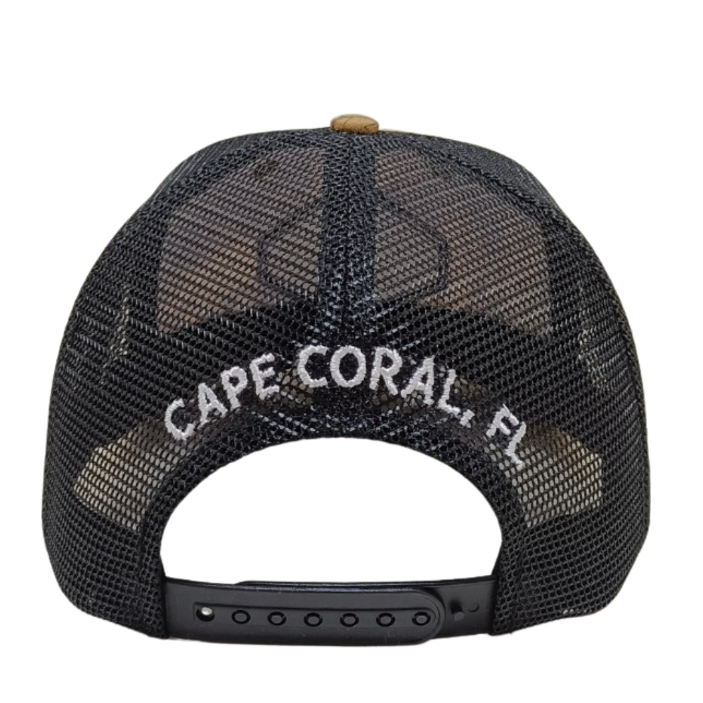 Gray Camouflage Trucker Hats 6 Panel Structured CapsLeather Logo Patches Embroidery Curved Back Snapback  Closure Single Buckle 6