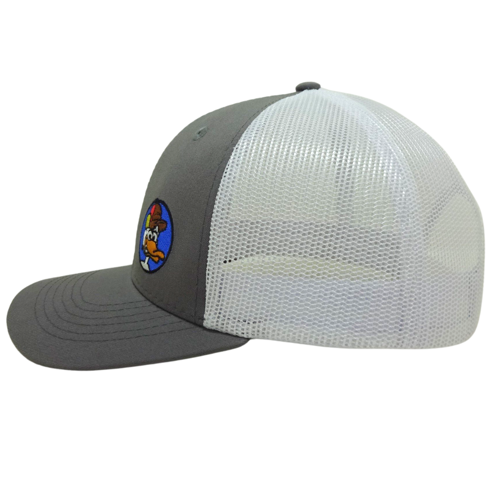 Gray Trucker 6 Panel Custom Embroidered Cartoon Pattern on Front Side White Mesh Structured Single Breasted Buckle High Quality 4