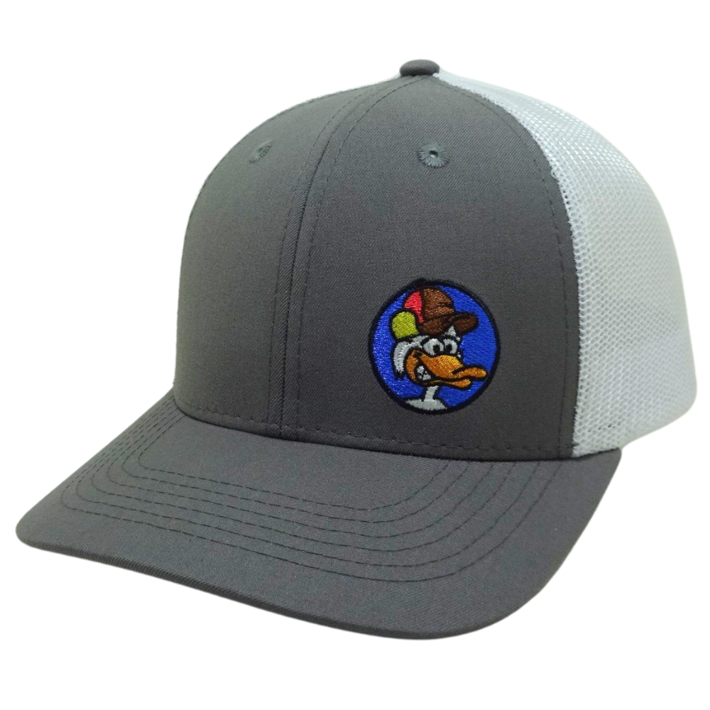 Gray Trucker 6 Panel Custom Embroidered Cartoon Pattern on Front Side White Mesh Structured Single Breasted Buckle High Quality 3