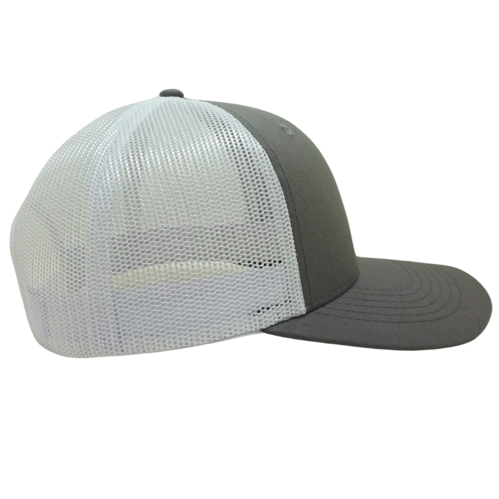 Gray Trucker 6 Panel Custom Embroidered Cartoon Pattern on Front Side White Mesh Structured Single Breasted Buckle High Quality 5