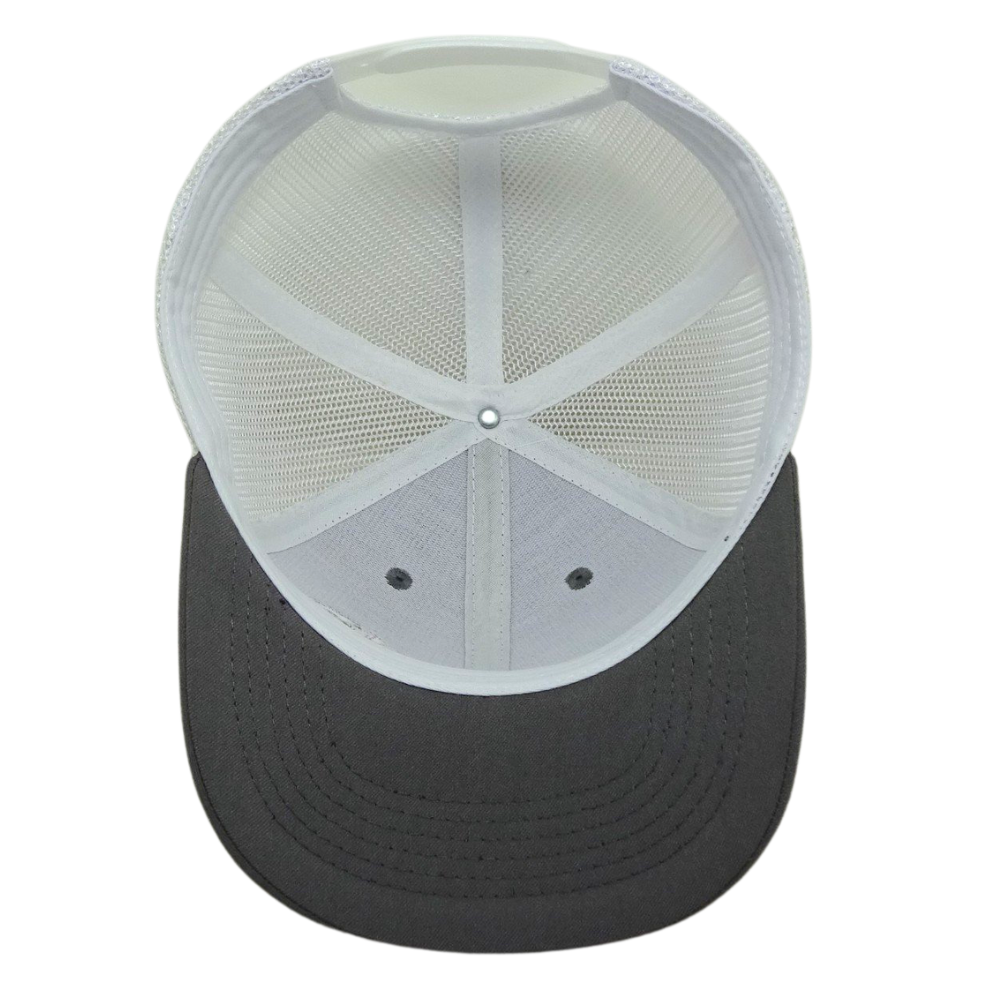 Gray Trucker 6 Panel Custom Embroidered Cartoon Pattern on Front Side White Mesh Structured Single Breasted Buckle High Quality 6