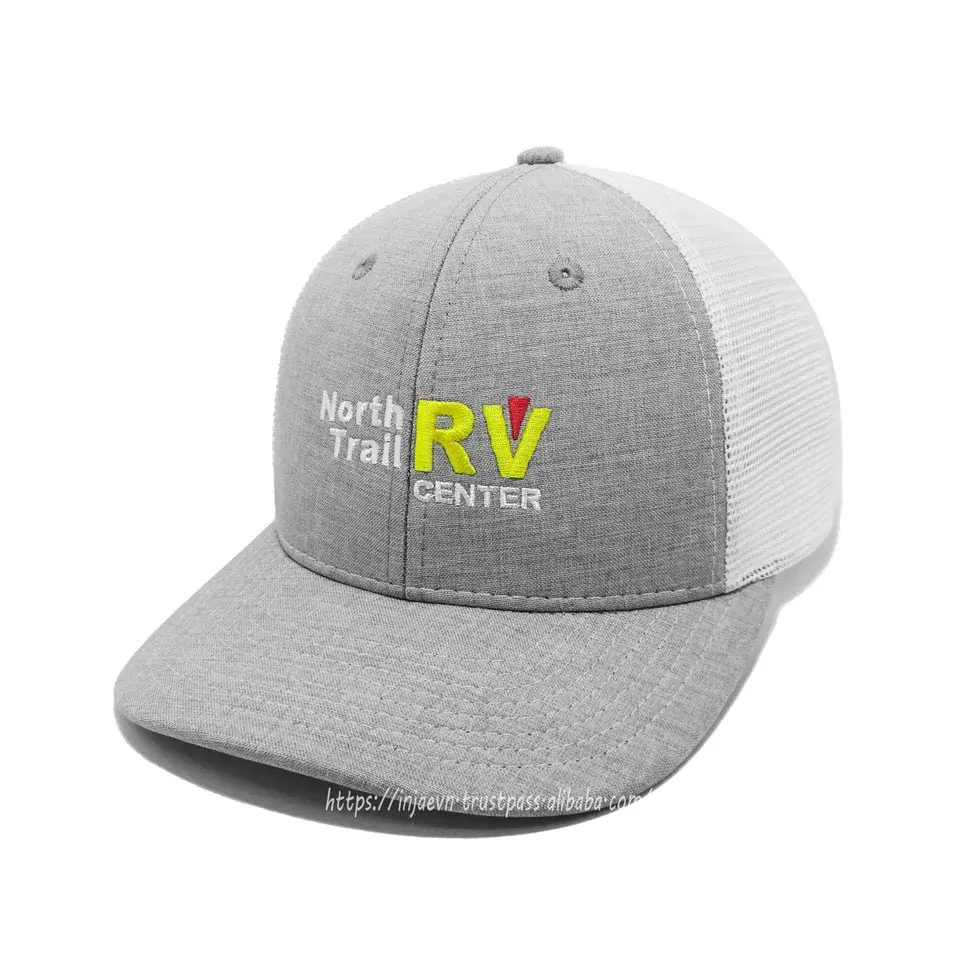 Gray/ White Mesh Trucker Hats in Vietna Factory Custom Embroidery/ Woven Patch Logo High Quality Brand Caps 1