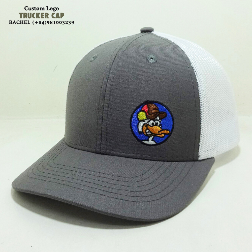 Gray/White R 112 Trucker Hats 6 Panel Structured Caps Gorras Embroidery Logo Front Side Contrast Stitching Line Snapback Closure 3