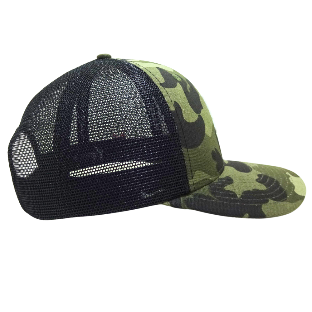 Green Black Camouflage Trucker Hat Custom Embroidery on Front and Left Side Single Breasted Buckle Inner Printed Seam Taping OEM 5