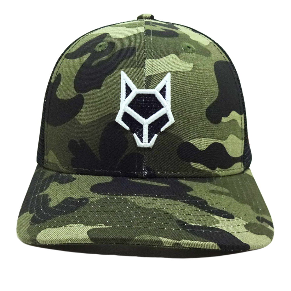 Green Black Camouflage Trucker Hat Custom Embroidery on Front and Left Side Single Breasted Buckle Inner Printed Seam Taping OEM 2