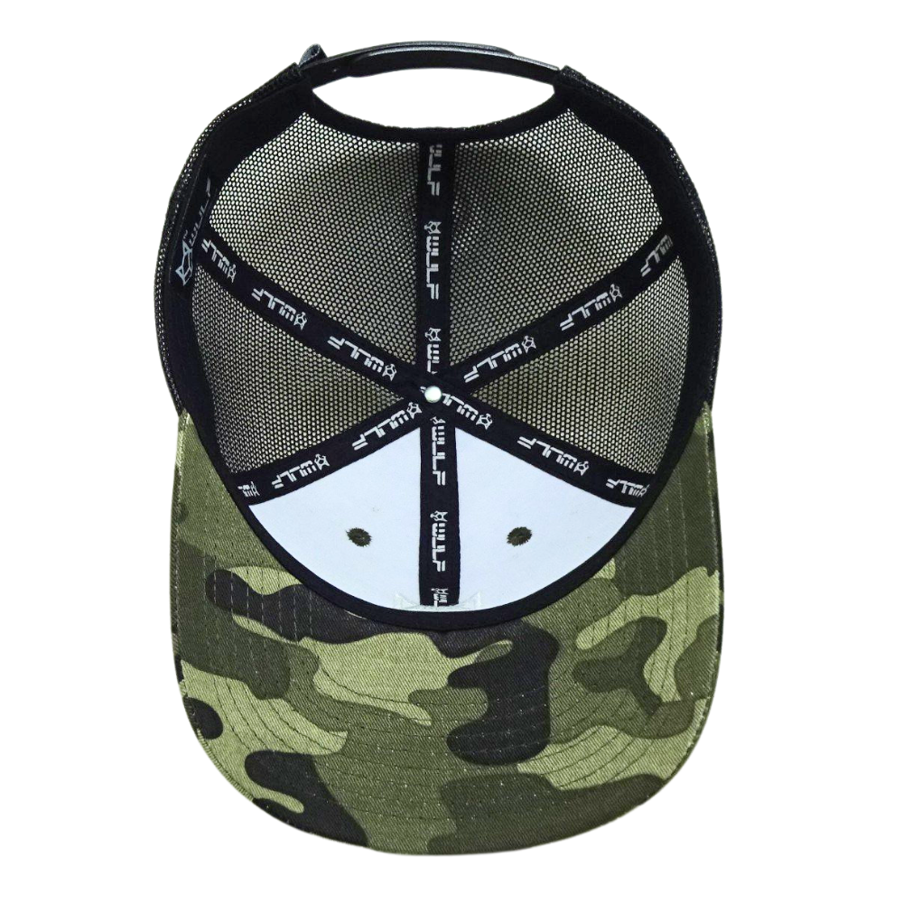 Green Black Camouflage Trucker Hat Custom Embroidery on Front and Left Side Single Breasted Buckle Inner Printed Seam Taping OEM 6