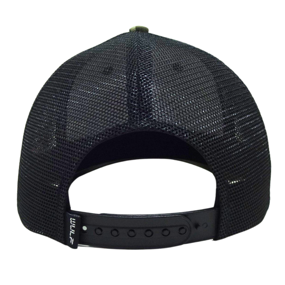Green Black Camouflage Trucker Hat Custom Embroidery on Front and Left Side Single Breasted Buckle Inner Printed Seam Taping OEM 7