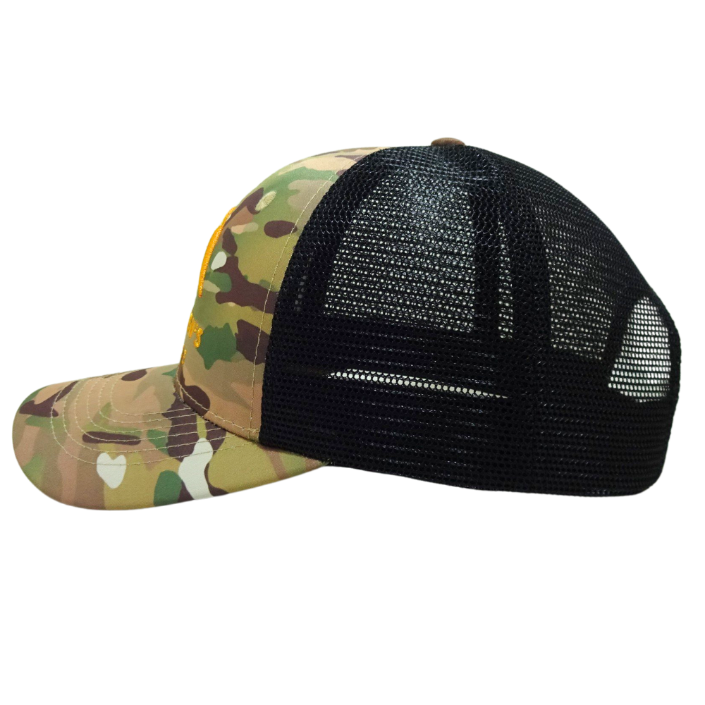 Green Camouflage 6 Panel Trucker Hat 3D Embroidery Curved Brim Contrast Stitching Line Black Mesh Plastic Single Breasted Buckle 4