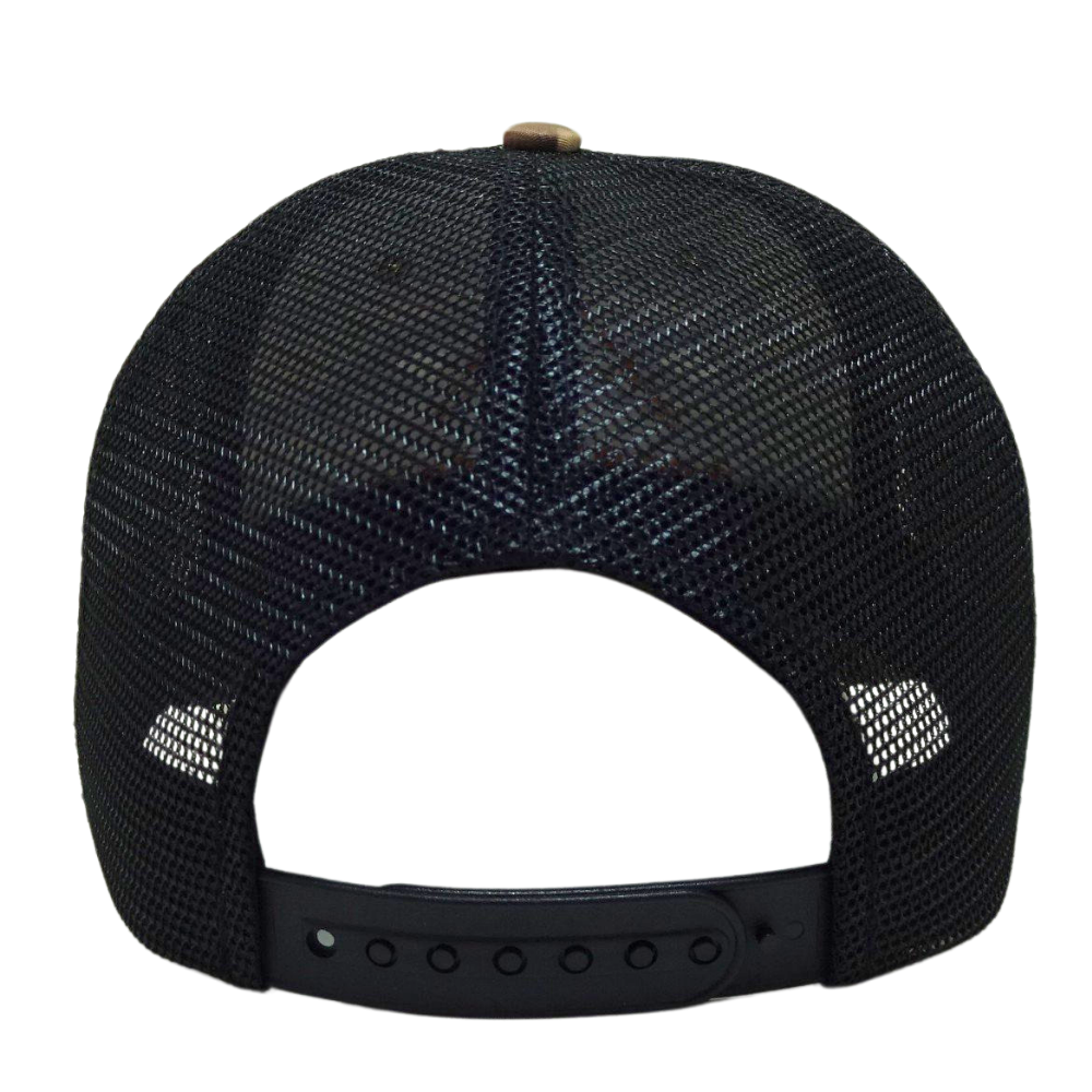 Green Camouflage 6 Panel Trucker Hat 3D Embroidery Curved Brim Contrast Stitching Line Black Mesh Plastic Single Breasted Buckle 7