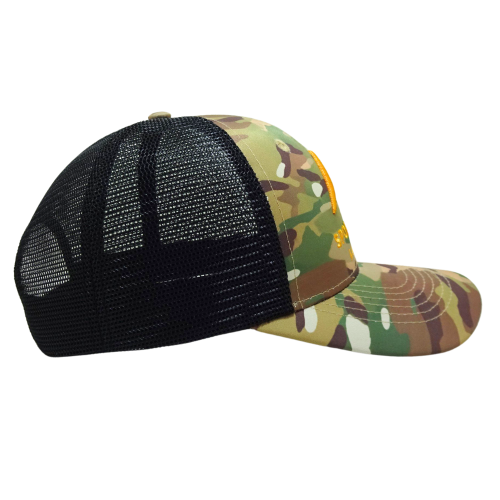 Green Camouflage 6 Panel Trucker Hat 3D Embroidery Curved Brim Contrast Stitching Line Black Mesh Plastic Single Breasted Buckle 5