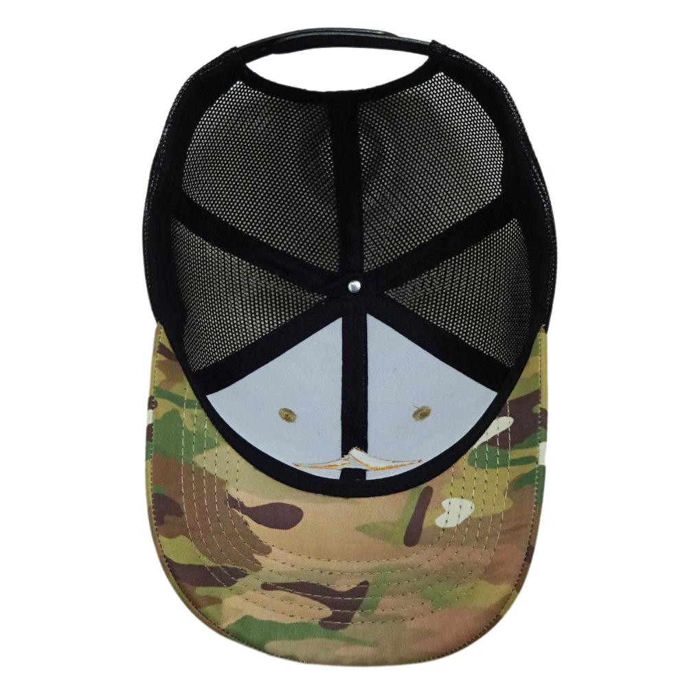 Green Camouflage 6 Panel Trucker Hat 3D Embroidery Curved Brim Contrast Stitching Line Black Mesh Plastic Single Breasted Buckle 6