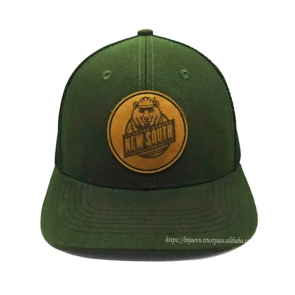 Green Color Custom Headwear High Quality Trucker Hats Leather Patch Logo Black/ White Snapback Cap Gorras Mesh Men Caps