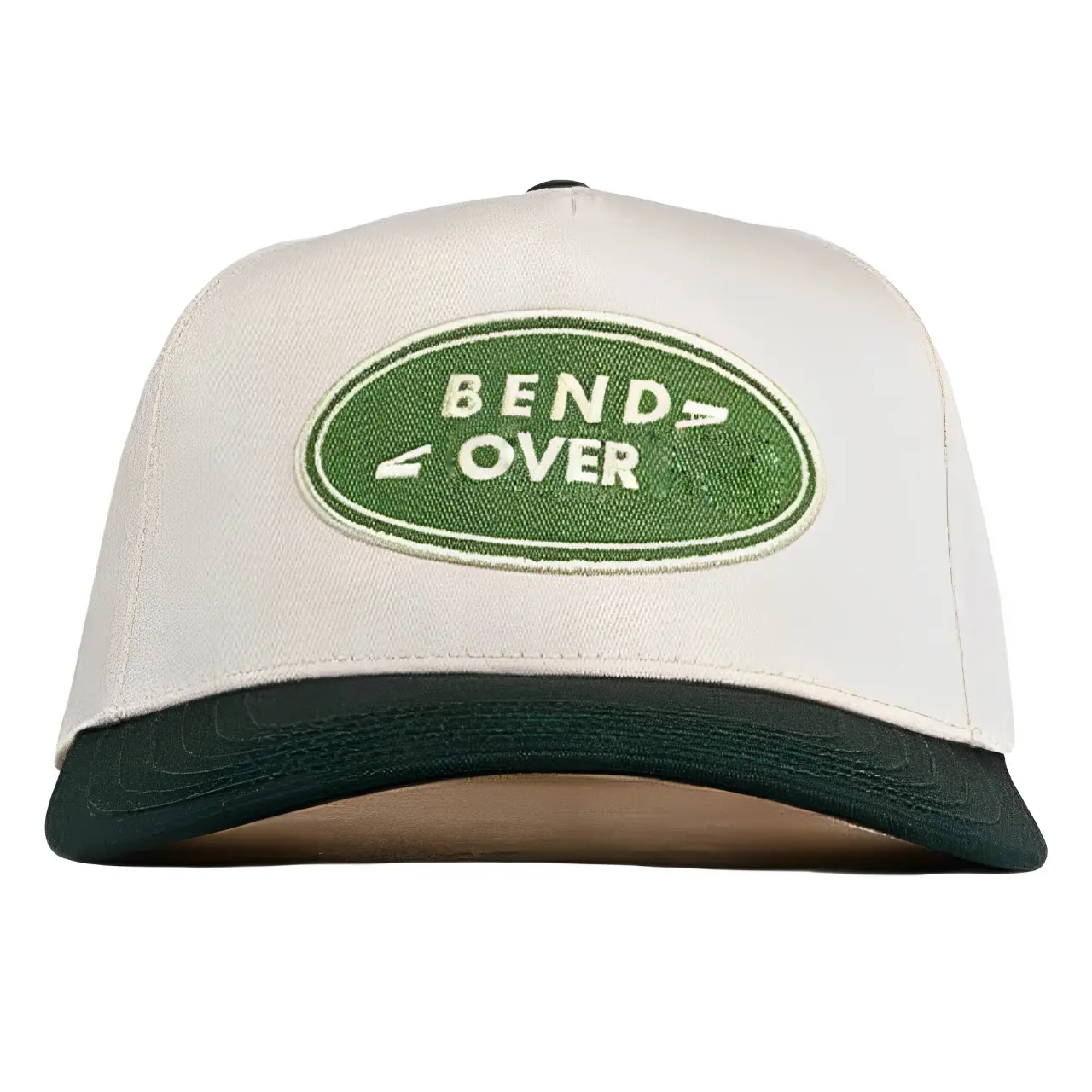 Green Embroidery Logo Patch 5 Panel Baseball Cap Black Brim White Single Row Buckle Snapback Closure Custom Label and Tag Inside 2