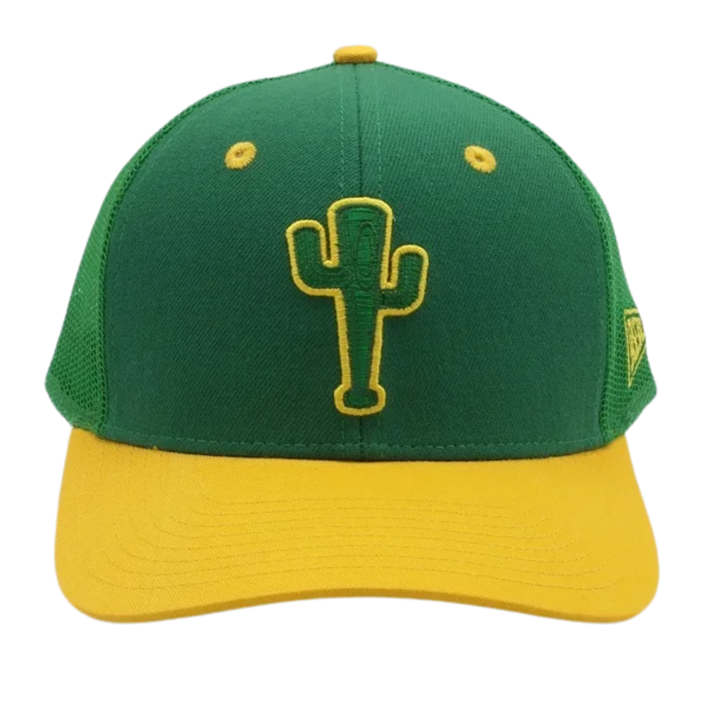 Green/Yellow 6 Panel Gorras R 112 Trucker Hat Structured Caps Leather Logo Patch Front Side Plastic Snapback Buckle Closure OEM 2