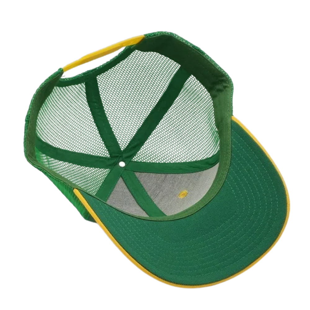 Green/Yellow 6 Panel Gorras R 112 Trucker Hat Structured Caps Leather Logo Patch Front Side Plastic Snapback Buckle Closure OEM 5