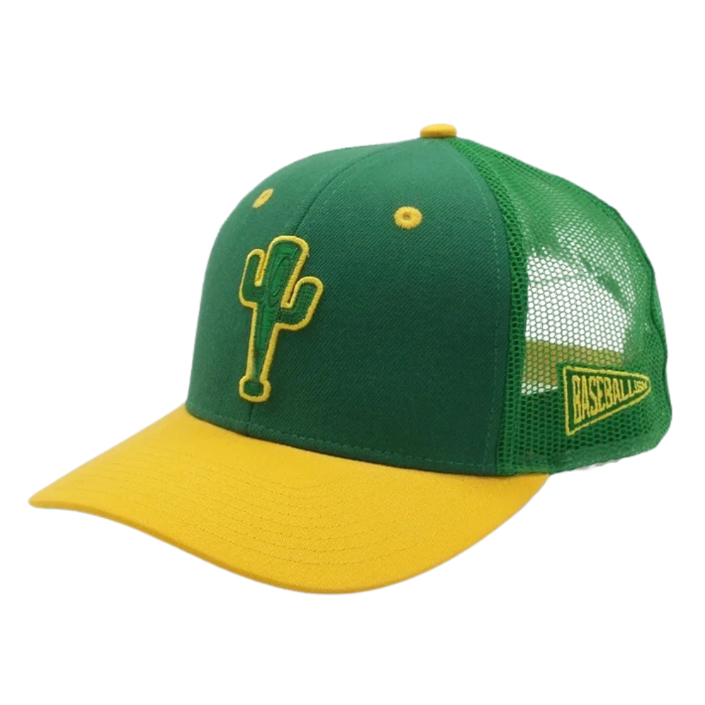 Green/Yellow 6 Panel Gorras R 112 Trucker Hat Structured Caps Leather Logo Patch Front Side Plastic Snapback Buckle Closure OEM 3