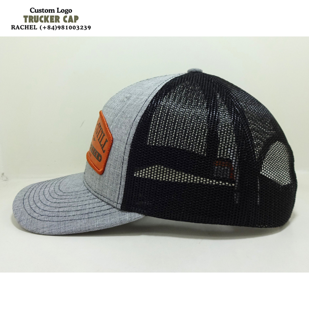 Heather Gray/Black Leather Patch Hats Trucker Gorras R112 Stitching Lines Structured Caps Custom Inner Tag Adjustable Snapback 3