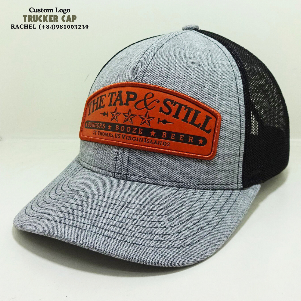 Heather Gray/Black Leather Patch Hats Trucker Gorras R112 Stitching Lines Structured Caps Custom Inner Tag Adjustable Snapback 2
