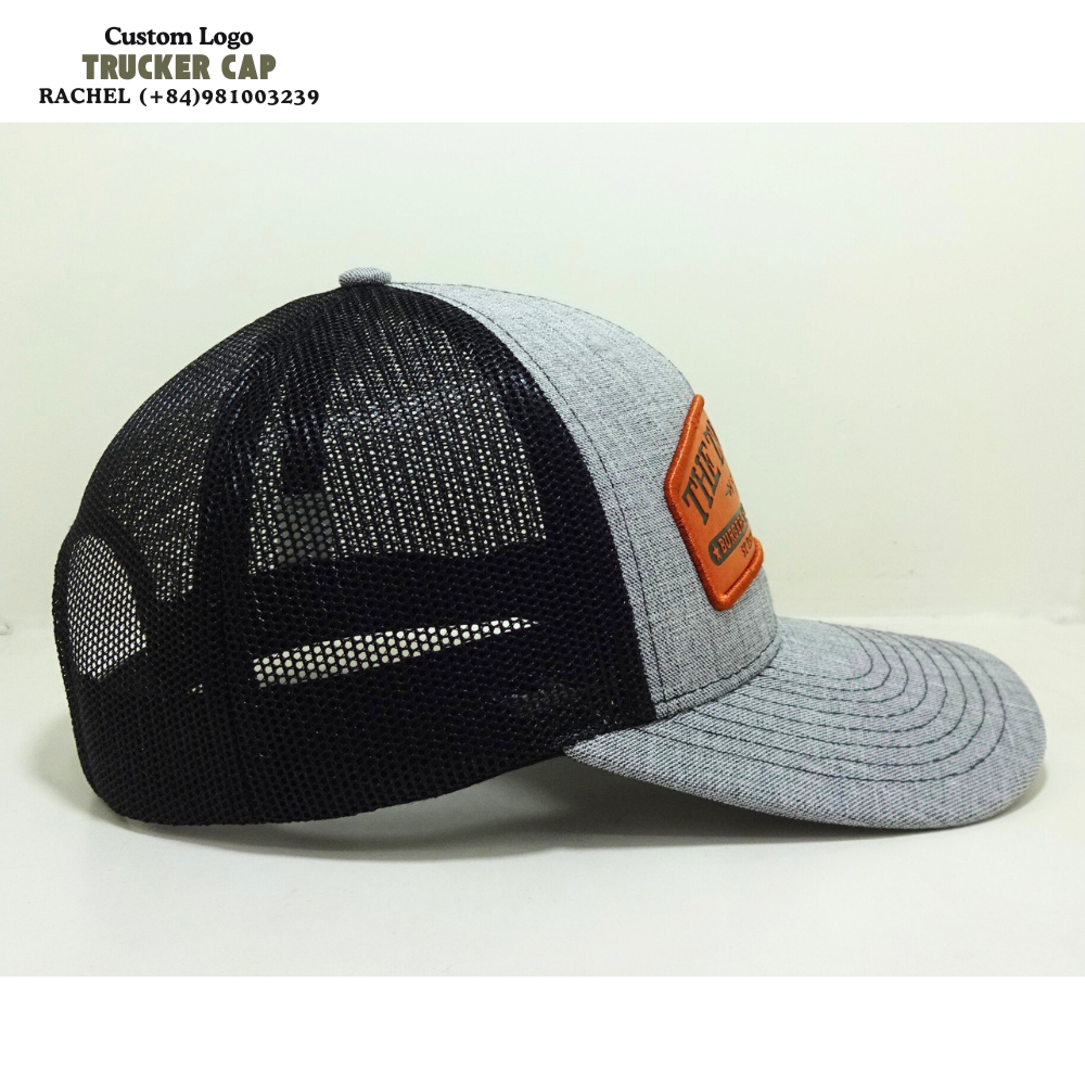 Heather Gray/Black Leather Patch Hats Trucker Gorras R112 Stitching Lines Structured Caps Custom Inner Tag Adjustable Snapback 4