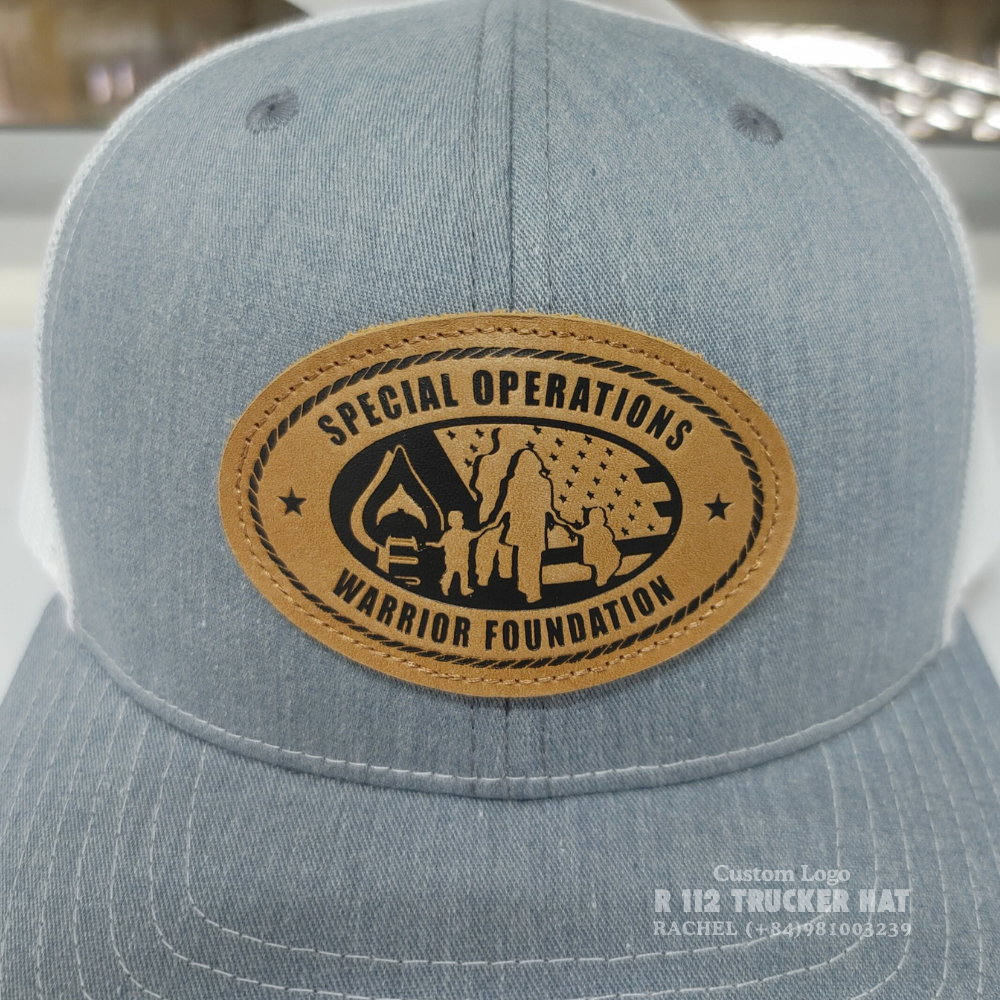 Heather Gray/White R 112 Trucker Hats 6 Panels Laser Leather Patch Logo Slightly Curved Brim Structured Caps Vietnam Headwear 3