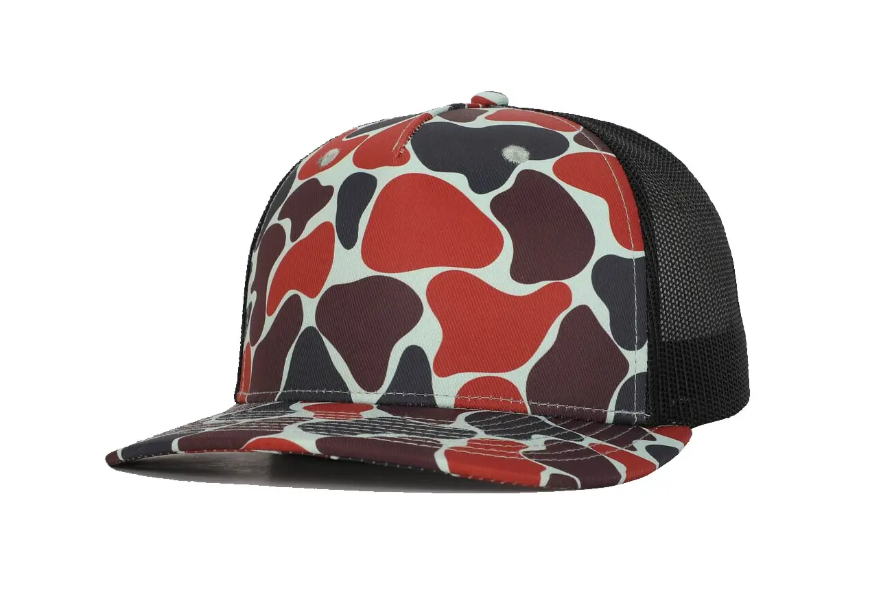 High Fashion Vintage Ducks Camo Orange and Black Trucker Hat with Custom Logo Sublimation Print Adjustable Trucker Cap for Man 2