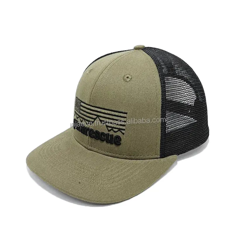 High Quality 2D/3D Embroidery Khaki Color Medium Profile Cotton and Mesh Fabric Trucker Hat From Vietnam Supplier 2