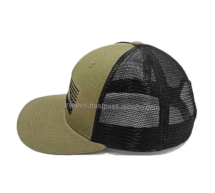 High Quality 2D/3D Embroidery Khaki Color Medium Profile Cotton and Mesh Fabric Trucker Hat From Vietnam Supplier 4