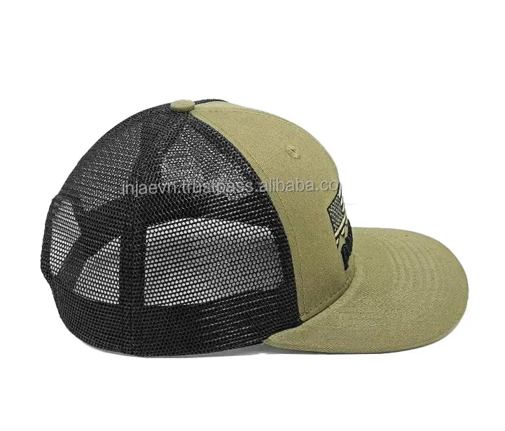 High Quality 2D/3D Embroidery Khaki Color Medium Profile Cotton and Mesh Fabric Trucker Hat From Vietnam Supplier 3