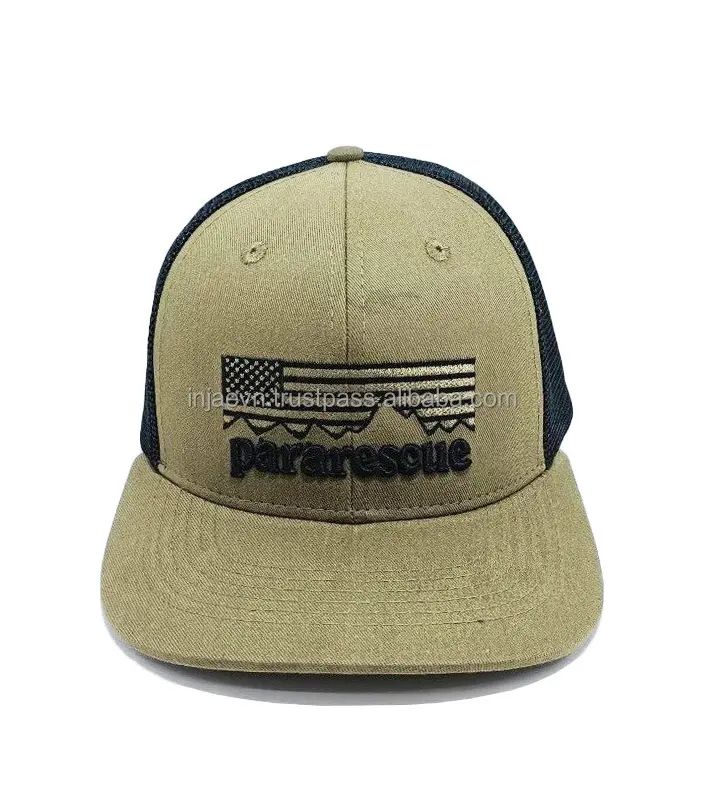 High Quality 2D/3D Embroidery Khaki Color Medium Profile Cotton and Mesh Fabric Trucker Hat From Vietnam Supplier 1