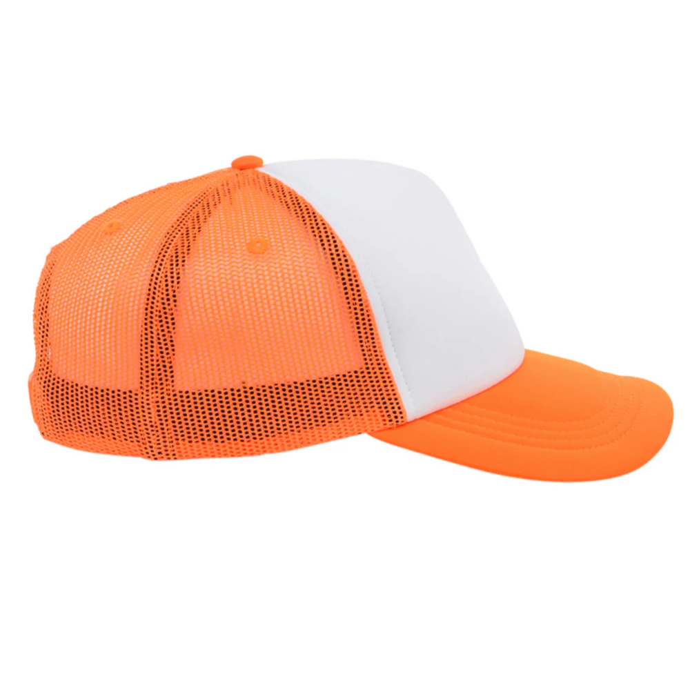 High Quality 5 Panel Foam Trucker Hat Mallard Digital Printed Orange/White Breathable Mesh Adjustable Plastic Single Row Bucket 4